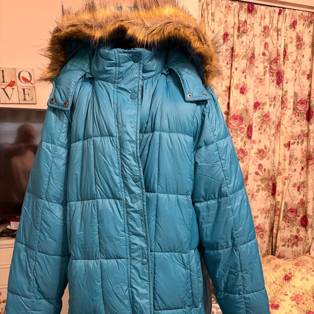 Womens Haute Winter Coat, Teal, sz 3X with Fur Trimmed Detachable Hood